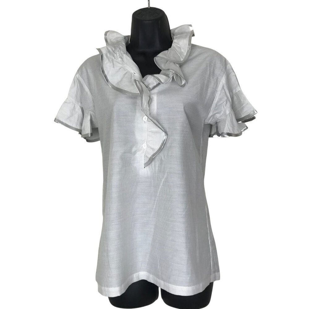 Paul & Joe Grey Striped  Silk Blend Ruffle Neck &  Sleeves. Size 1